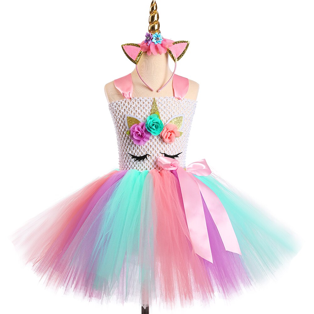 Flower Pastel Unicorn Kids Dresses for Girls Tutu Fancy Dress Princess Costume Cosplay Party for Children Clothes Set Outfits