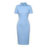 Turn-Down Collar Short Sleeve Office Ladies Bodycon Pencil Summer Women Blue Solid Slim Midi Dress
