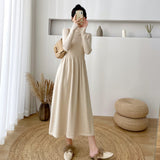 Elegant Autumn Knitted Pleated Dress Half High Collar Women Sweater Midi Dress 2021 A-line Solid Vestidos