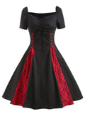 2021 Gothic Women Lace Party Dress With Bow Red Black Retro Vintage Streetwear 50s 60s Swing Patchwork Casual Rockabilly Dresses
