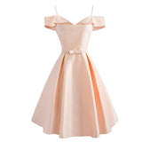Spaghetti Strap Vintage Dress Light Blue Bow Front Solid Women Short Sleeve Elegant Ladies Formal Party Sling Vestidos