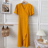 Elegant Wrap Woman V Neck Short Sleeve Solid Color Casual Belted Midi Dress