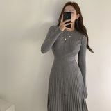 Elegant Office Lady Pleated Dress Crew Neck Long Sleeve Button Casual Knitted Midi Dress