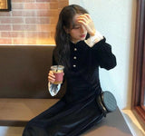 Velvet One Piece Dress Korean Fashion 2021 Winter Vintage Midi Dress Evening Paty Lace Design Long Sleeve Black Elegant Dress