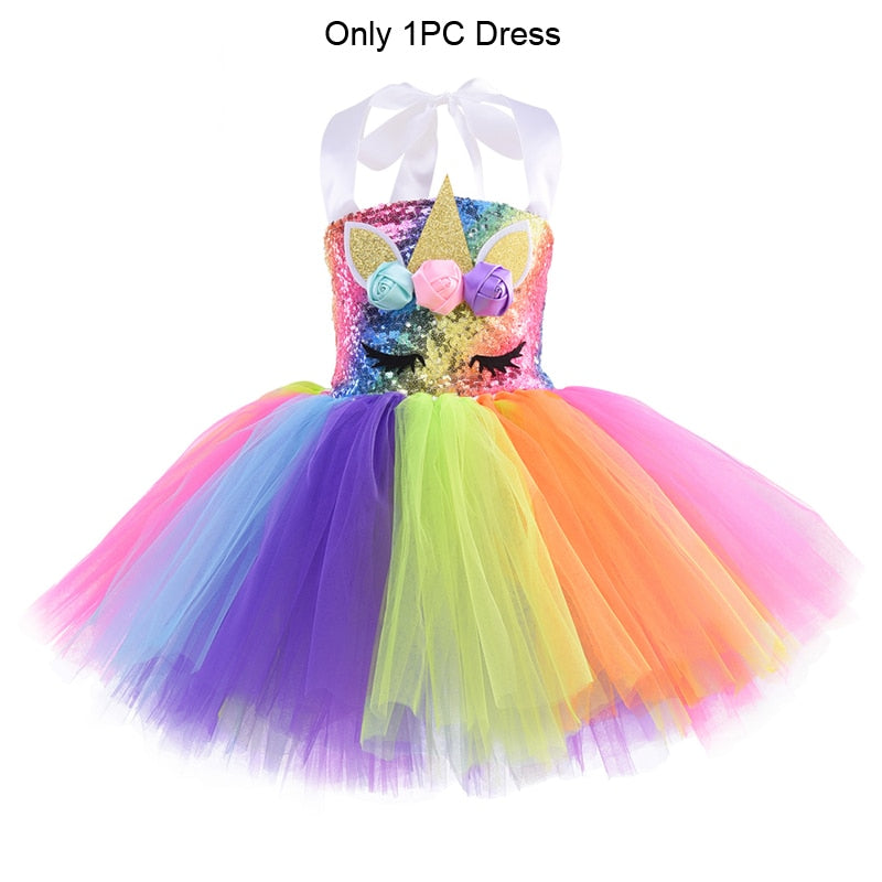 Rainbow Sequin Unicorn Kids Dress Up Costumes Princess Girl Dress Party Costume Halloween Flower Girls Dresses for Weddings Knee