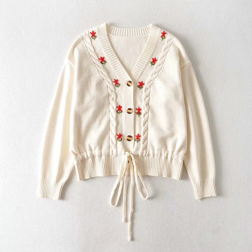 Design Cardigans Coat Sweater Women V-Neck Button Sweet Floral Embroidery Knit Cropped Tops