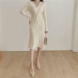 Cross V Neck Long Sleeve Knitted Dress Autumn Winter Solid Chic Elegant Sexy Midi Dress