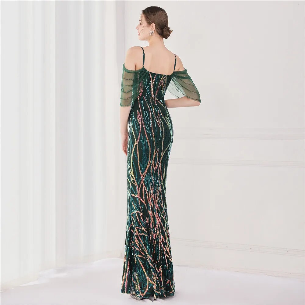 Elegant Burgundy Sequin Beading Evening Dress Women Party Strap Maxi Dress Long Prom Dress