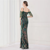 Elegant Beading Evening Dress Women Green Sequin Party Strap Maxi Dress Long Prom Dress