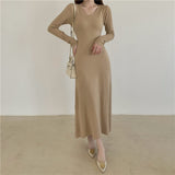 Autumn Winter V Neck Long Sleeve Basic Elegant Sweater Dress Chic Knitted A Line Casual Midi Dress