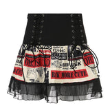 Rock Harajuku Low Waist Mini Skirt Lace Up Front Women Sexy Black Chiffon Hem Patchwork Skirts Female Punk Grunge Clubwear Mujer