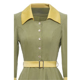 Button Shirt Vintage A Line Women Party Dress With Belt Retro Vintage 60s Sundress Green 3/4 Long Sleeve Swing Rockabilly Dress