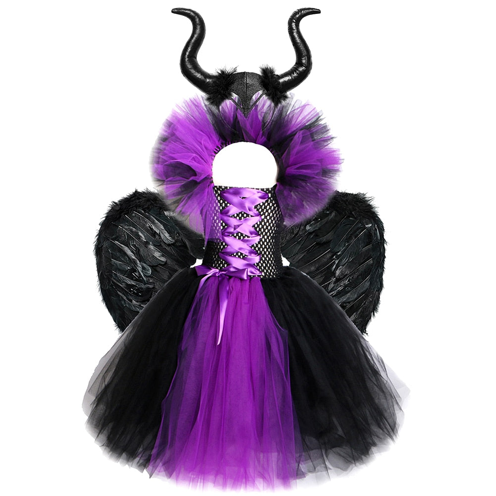 Horns Wings Costume Girls Princess Tutu Dress Devil Halloween Costumes for Kids Evil Queen Children Cosplay Dresses
