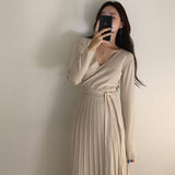 V Neck Long Sleeve Elegant Pleated Midi Dress Warm Knitted Sweater Dress Belted Woman Clothes