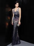 Mermaid Bright Sequin Long Evening Dress Party Etiquette Celebration Robe Dress Sleeveless V-neck Sexy Gowns