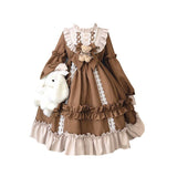 Japanese Gothic Lolita Dress Women Kawaii Bow Bear Lace Blue Dress Long Sleeve Princess Dress Halloween Costume Gift For Girls