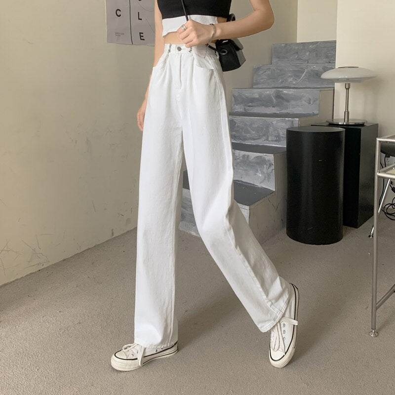 Women High Waist Casual Jeans Korean Style Solid Color All-match Ladies Straight Denim Pants