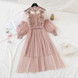 Spring Autumn Floral Embroidery Applique Sweet Tulle Mesh Dress Lantern Sleeve Elegant Midi Dress