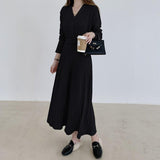 V Neck Long Sleeve Belted Knitted Dress Autumn Winter Button Elegant Pleated Midi Dress