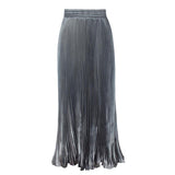 Women High Waist Pleated Skirt Solid Color Floor Length Long Skirt