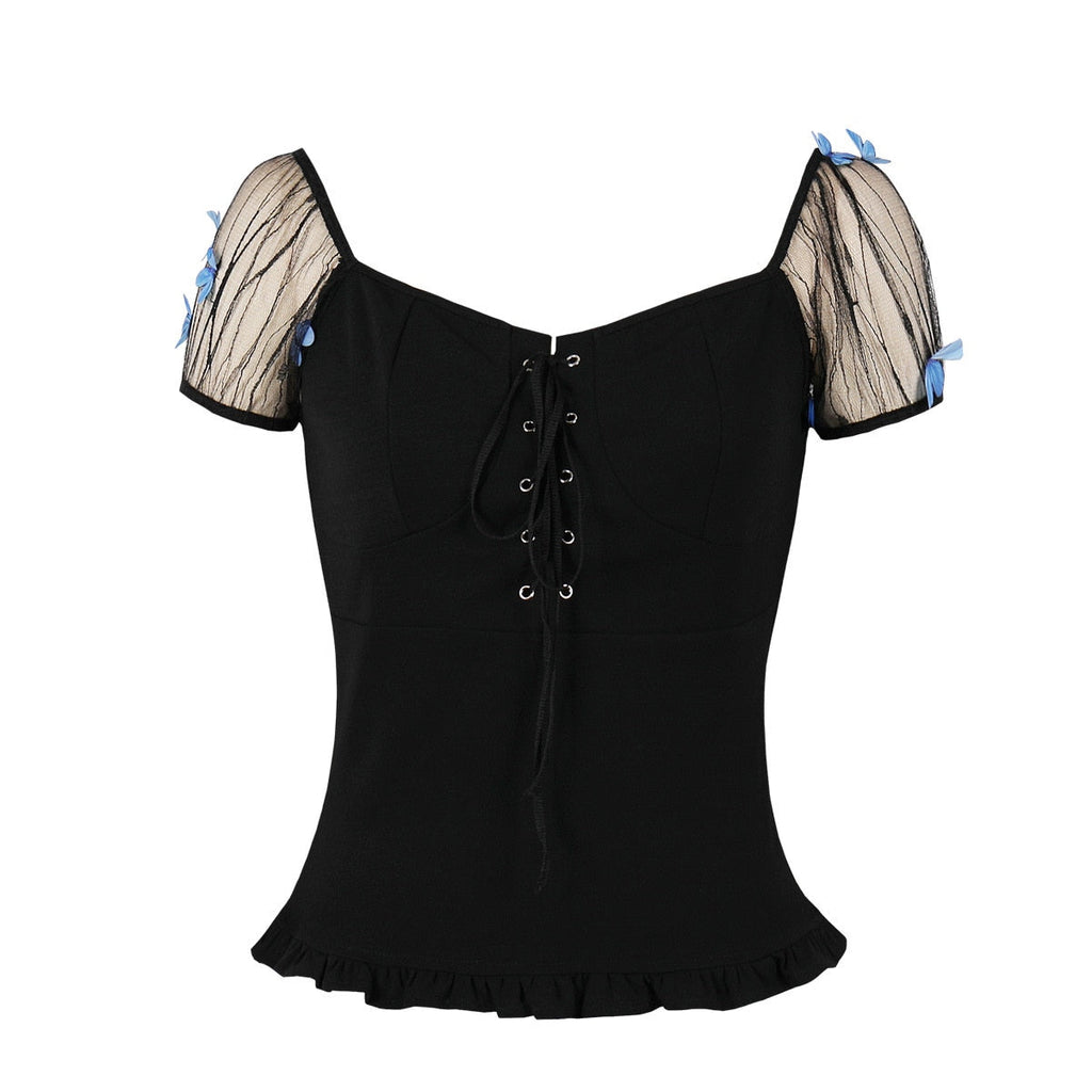 Gothic Cotton Women Vintage Tops Lace Up Bust 50s 60s Chemise Femme Puff Sleeve Butterfly Solid Black Women Shirt Blouses