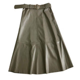 Women Office Midi Elegant High Waist A-Line Skirt Korean Style Green Office OL Skirt
