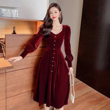 Women Chic Square Collar Dresses Vintage A-Line Vestidos Elegant Lantern Sleeve Female Party Dress