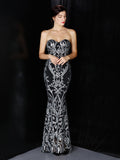 Asymmetrical Bright Long Etiquette Celebration Evening Dress Strapless Mermaid Sexy Sequins Gown