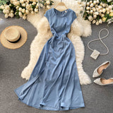 Chic Clothing Office Lady Vintage Elegant Dress Sexy Back Cut Out Satin Midi Dress With Slit