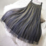 Summer Woman Elastic High Waist Pleated Sparkle Chic Mesh Skirts Streetwear