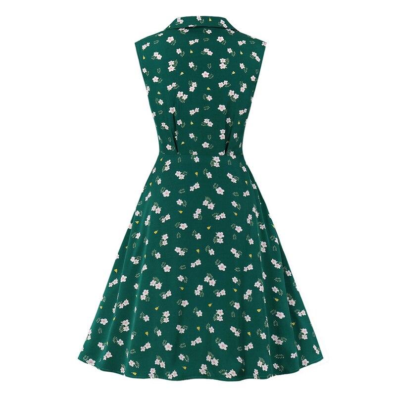 Bohemian Notched Collar Button Up Floral Green Elegant Summer Shirt Dress 50s Women Sleeveless Casual High Waist Vintage Dresses