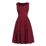 Button Front High Waist Pleated Corduroy Autumn Burgundy Elegant Party Women Sleeveless Vintage Dress