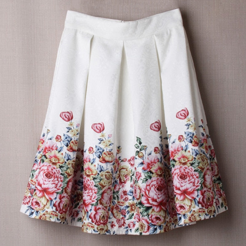 Vintage Retro Floral Print Skirts Womens High Waist Rockabilly Pleated Skirt Audrey Hepburn Saias Midi Skater Swing Ball Gown
