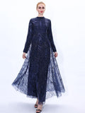 A-line Tulle Sequins Dress Arab Slim Muslim Dress Floor-Length Prom Gowns Robe De Soriee Full-Sleeve high-neck Vestios Plus Size