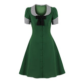 Square Neck Single-Breasted Bow Vintage Green A-Line Midi Short Sleeve Pinup Dress
