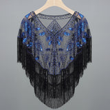 Women 1920s Sequined Shawl with Tassels Beaded Pearl Fringe Sheer Mesh Wraps Gatsby Flapper Bolero Cape Cover Up