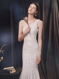 Elegant One Shoulder White Long Sequin Evening Dress Party Dress Wedding Wear