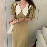 Women Harajuku Summer Short Sleeve Midi Holiday Chic A-line Popular Loose Lapel Retro Fashion Dress