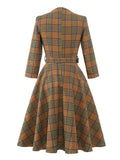 V-Neck Bow Front Buttons Plaid 50s Vintage Cotton Dress Women Spring Autumn 3/4 Sleeve Elegant Party Midi A Line Dresses