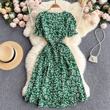 Leaf Floral Print Women Summer Short Puff Sleeve Casual Midi Dress Knee Length Square Neck Elegant Vintage Dress