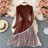 Winter Women Crew Neck Long Sleeve Knee Length Midi Dress Elegant Office Houndstooth Patchwork Knitted Pleated Dress