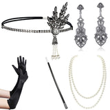 5pcs/set 1920s Great Gatsby Accessories Set Women 20s Costume Flapper Headband Pearl Necklace Bracelet Earring Cigarette Holder