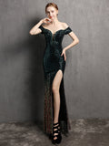 Sexy Backless Off Shoulder Evening Dress Slim Slash Neck Sequins Formal Party Gown Side Split Women Vestidoes New