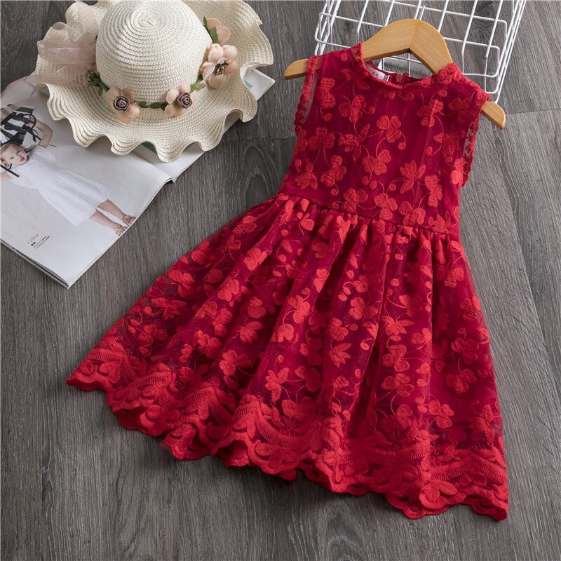 Summer Lace Girls Dresses For Kids Birthday Flower Embroidery Sleeveless Party Frocks Children Clothes Wedding Elegant Ball Gown