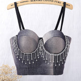 Bright Line Tassel Rhinestones Crop Tops With Built In Bra Winter Slim Push Up Bralette Sexy Ladies Show Tops