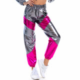 Women Reflective Long Pants with Pockets High Waist Loose Holographic Patchwork Trousers Club Dance Jogger Clubwear