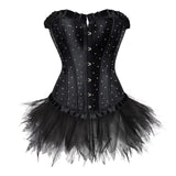 Sexy Rhinestones Brocade Frill Corset Skirt Set Women Fashion Party Corset Bustier Lingerie Top With Mesh Tulle Mini Tutu Skirt