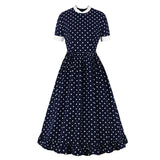2021 Short Sleeve Polka Dot Vintage 70s Summer Midi Dress High Waist Elegant Clothes for Women Ruffle Hem Long Dresses