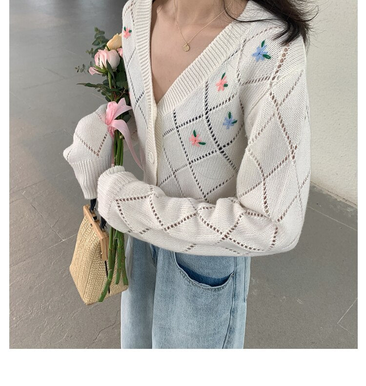 Women Knitted Sweater V-Neck Single-breasted Cropped Tops Embroidery Cardigans Coat Outwear