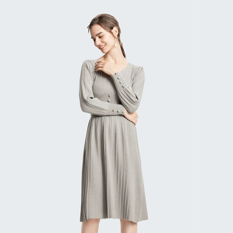 Spring Women High Waist V-Neck Long Sleeve Knitted Solid Slim A-Line Dress